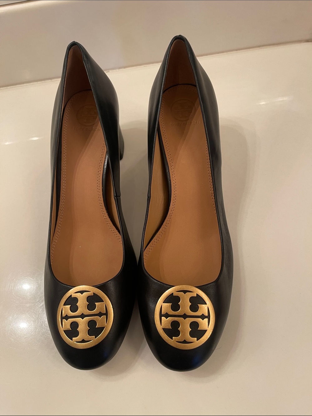 Tory Burch Black Leather Ballet Flats with Gold Logo Medallion